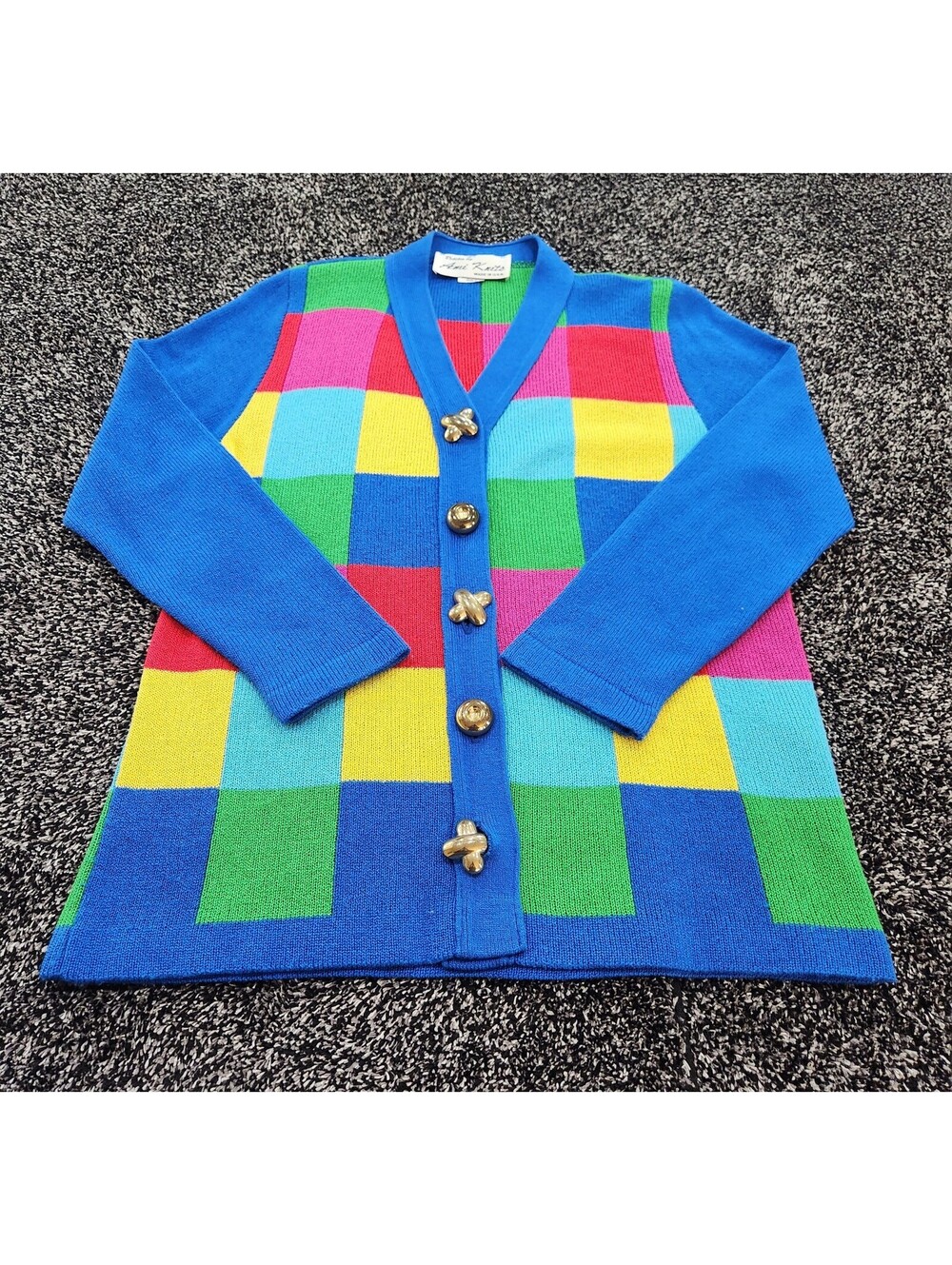 Vtg 80s Ami Knits Petites Colorblock Cardigan Sweater Womens 6 Multicolor Plaid - Picture 7 of 9